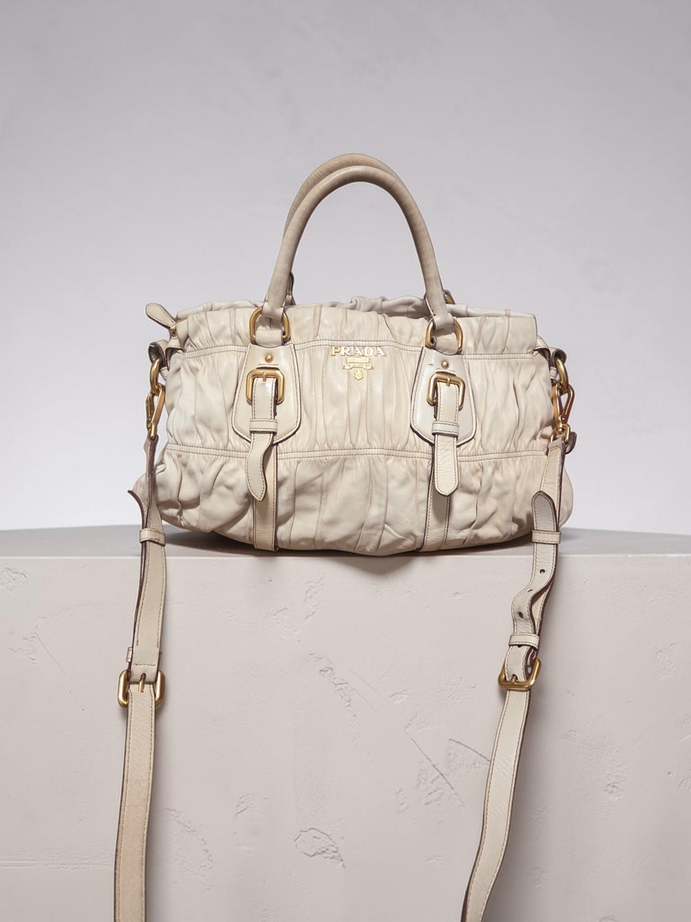 Prada Cream Leather Shoulder Bag with Gold Hardware